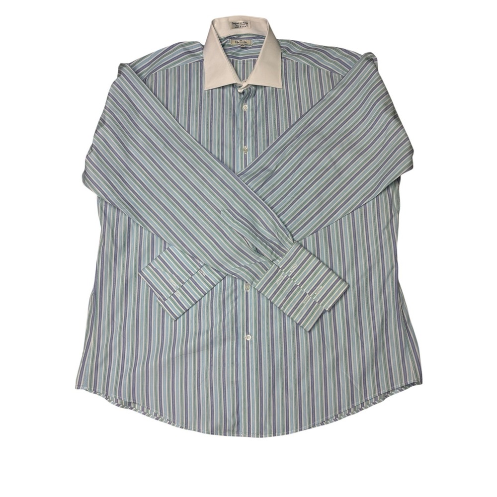 Faconnable Striped Dress Shirt Mens 17‎ 1/2 French Cuff Long Sleeve White Collar